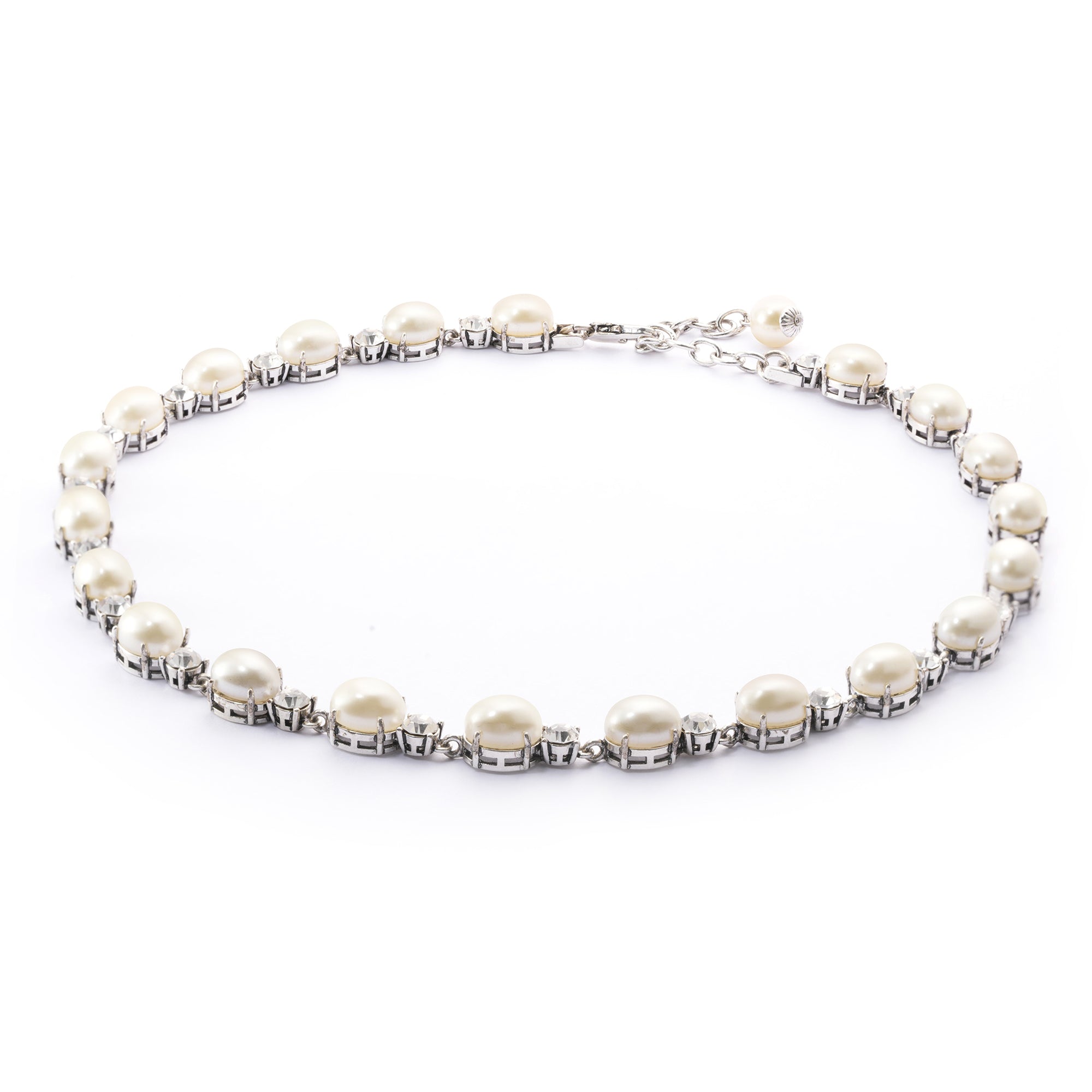 Brass Plated Necklaces, Imported Crystal Pearls Imported Austrian Rhinestones, Plated Silver