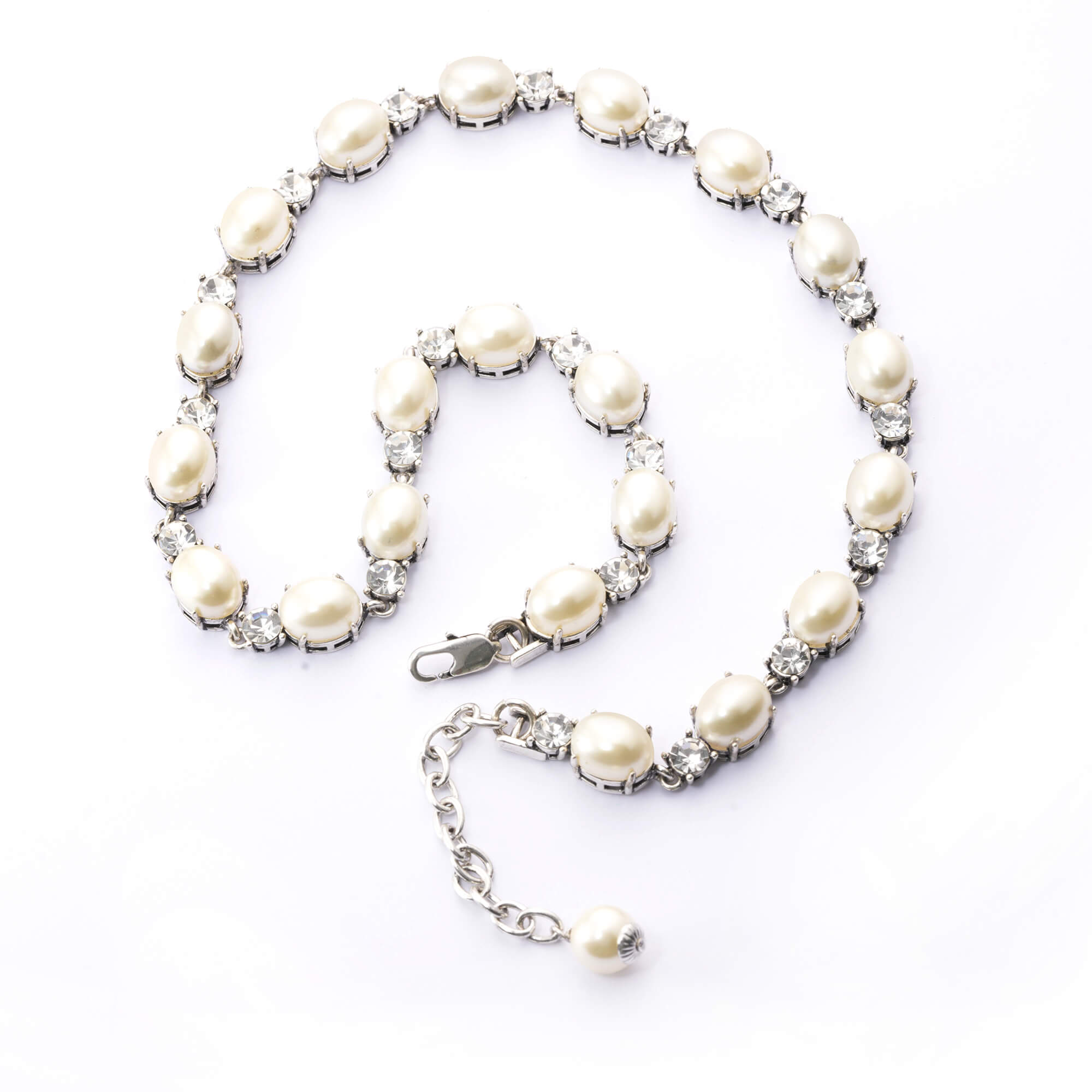 Brass Plated Necklaces, Imported Crystal Pearls Imported Austrian Rhinestones, Plated Silver