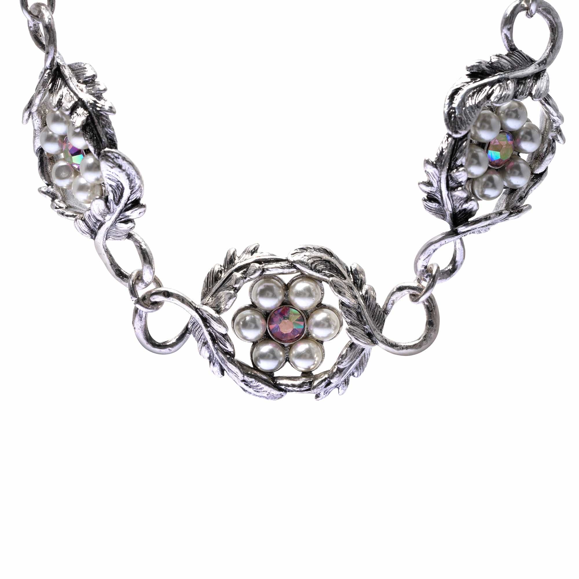 Necklace brass crystal pearl Austrian rhinestone plated silver made old