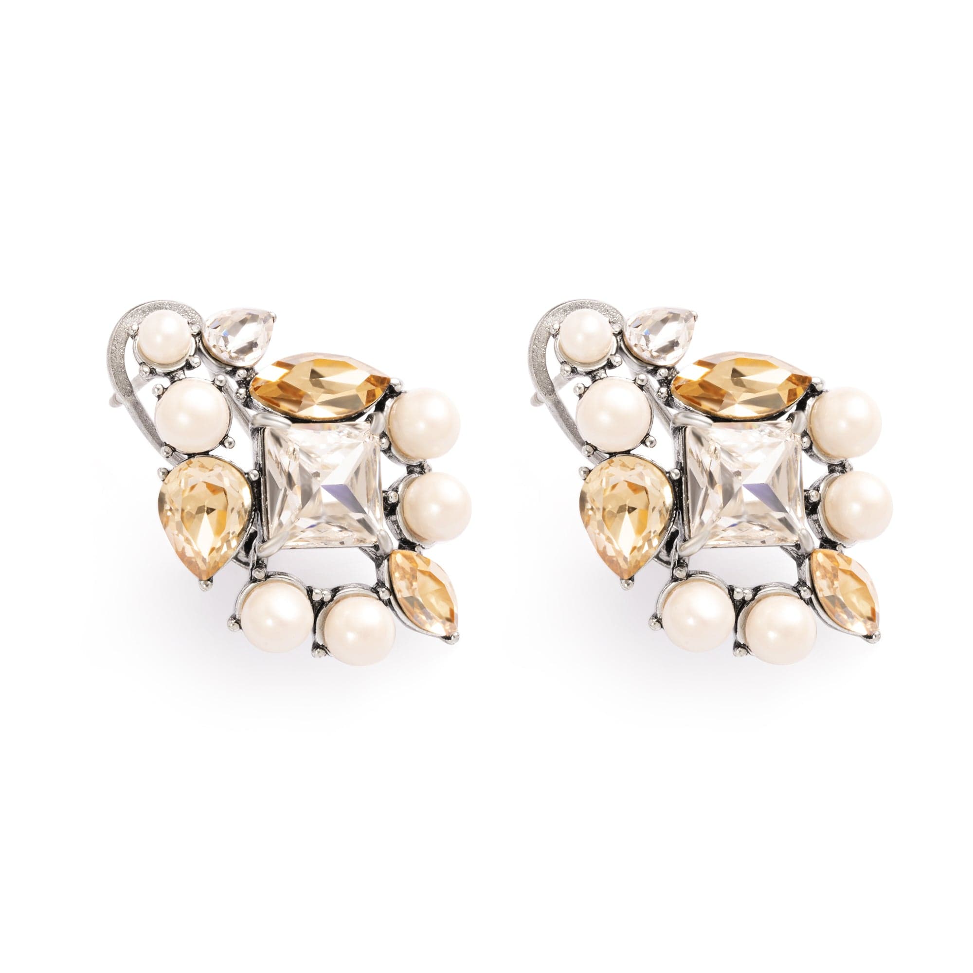 Brass Earrings, Imported Crystal Pearls, Imported Austrian Crystal, Electroplated Silver