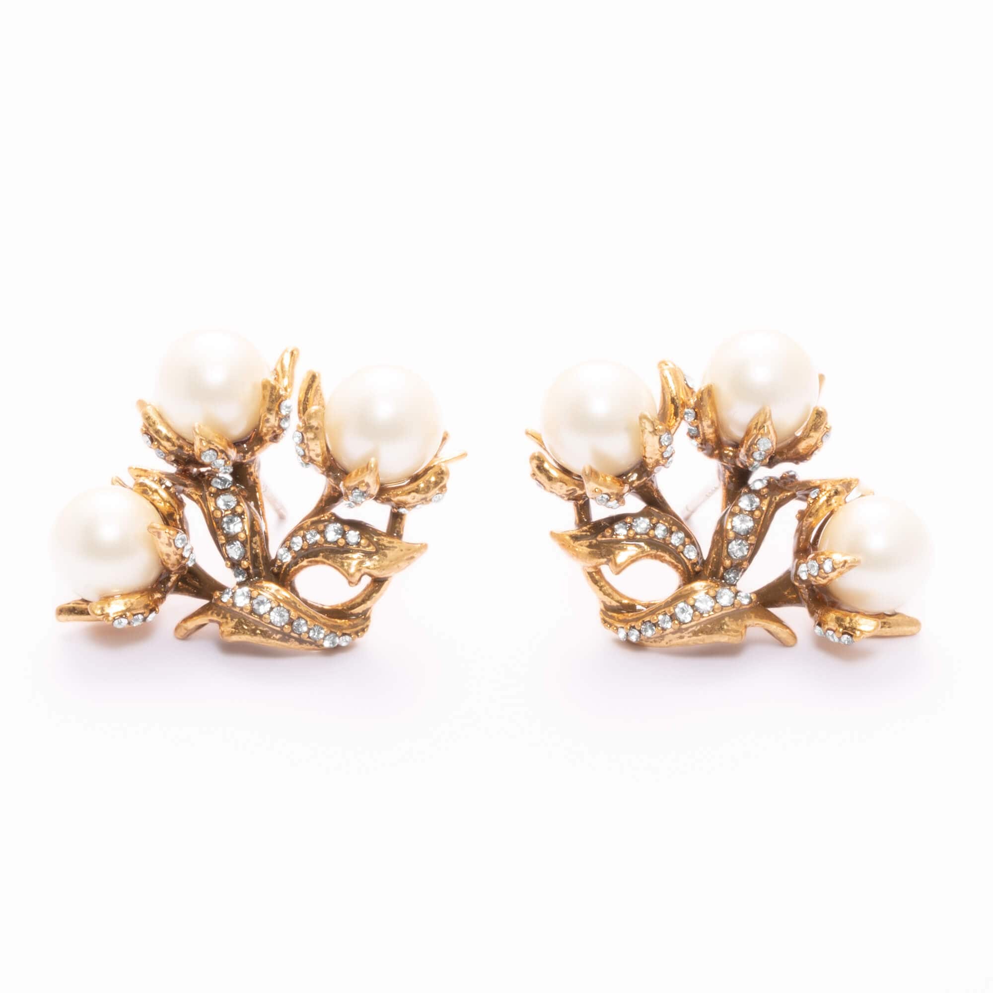 Earrings, Crystal Pearls, Austrian Rhinestones, Brass Plated With Russian Genuine Gold