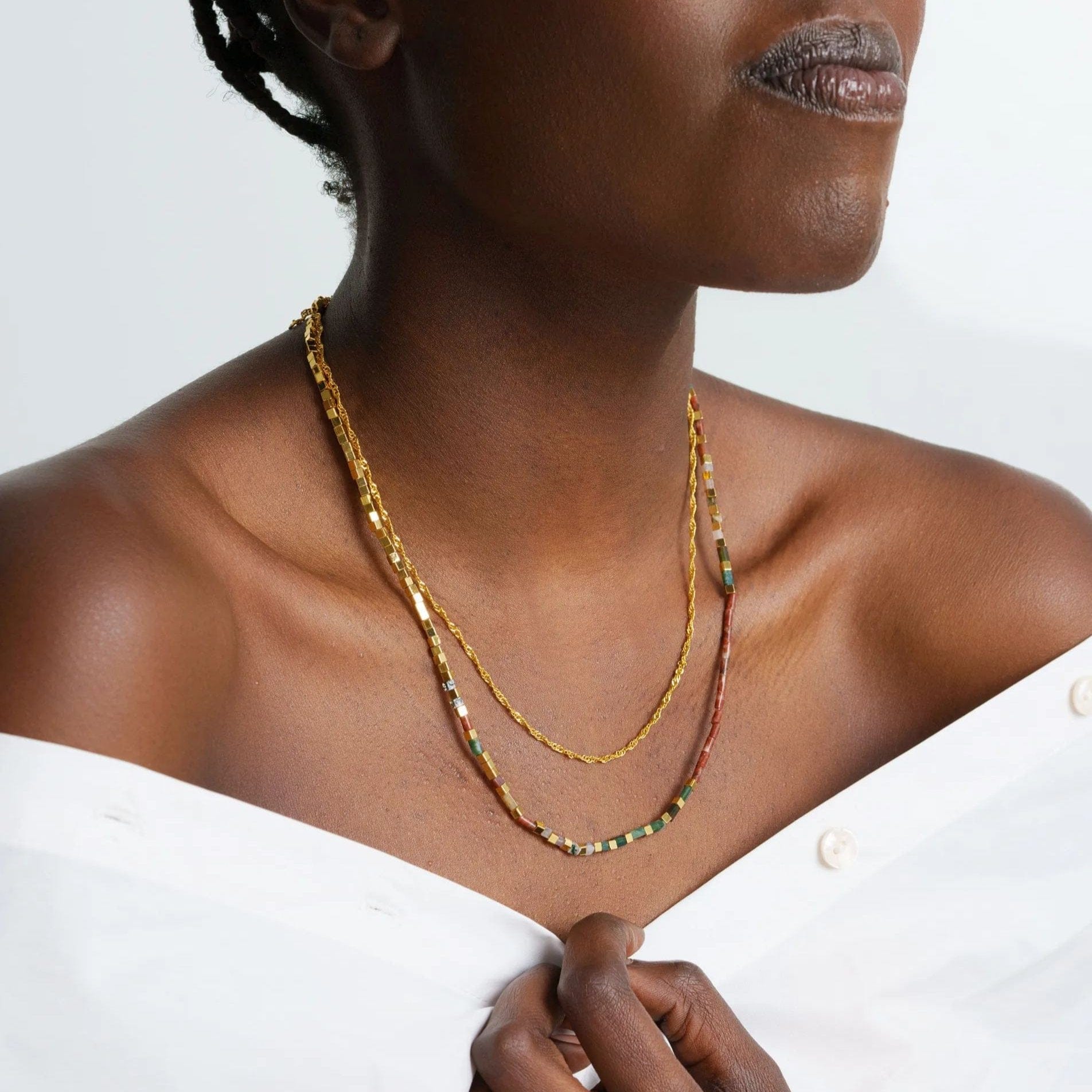 Necklaces, White Crystal Dipped Color, Brass Plated With Genuine Gold