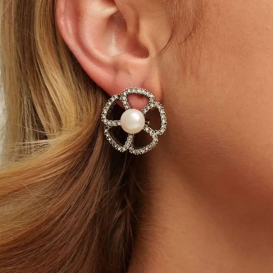 Earrings, Crystal Pearls, Austrian Rhinestones, Brass Plated Wirh Sterling Silver, Antique Finish