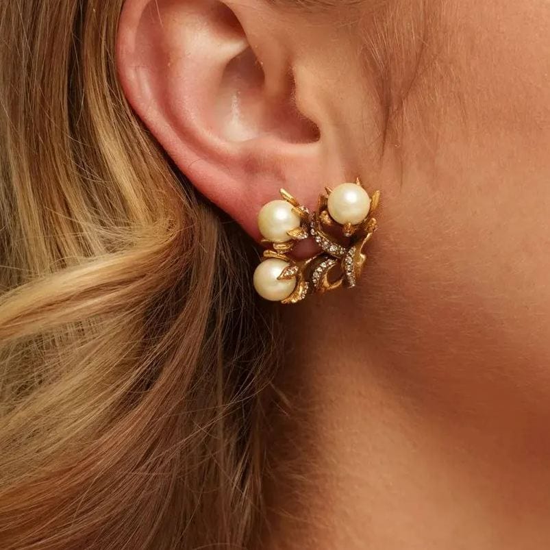 Earrings, Crystal Pearls, Austrian Rhinestones, Brass Plated With Russian Genuine Gold