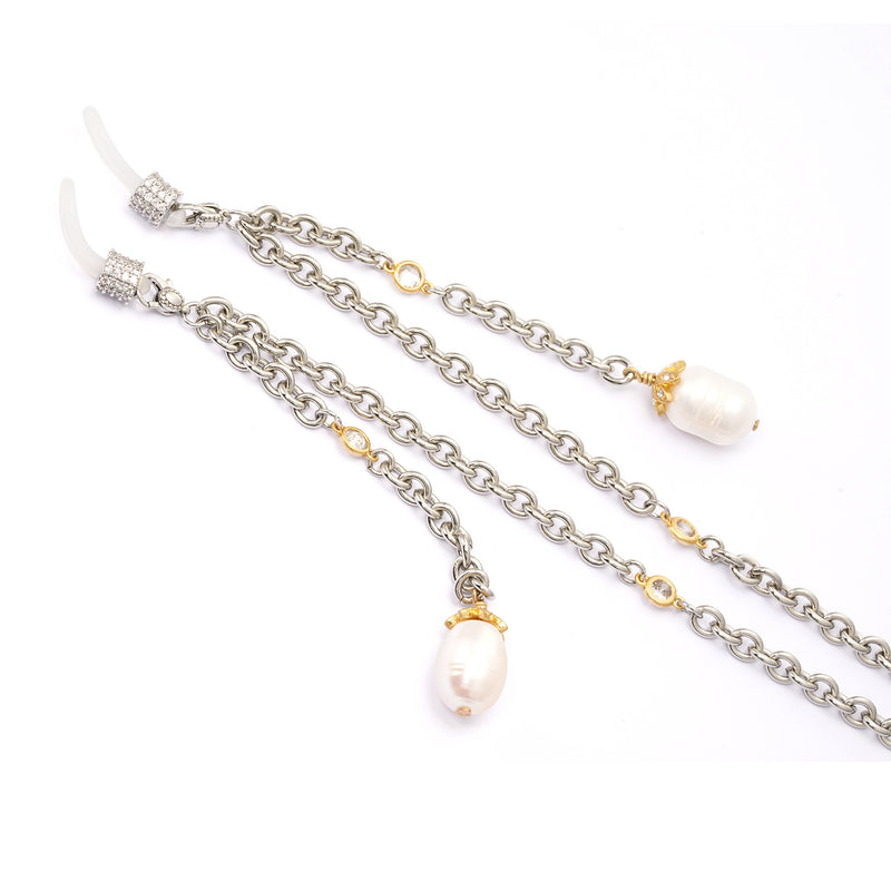 Glasses chain brass crystal pearl Austrian rhinestone plated silver made old