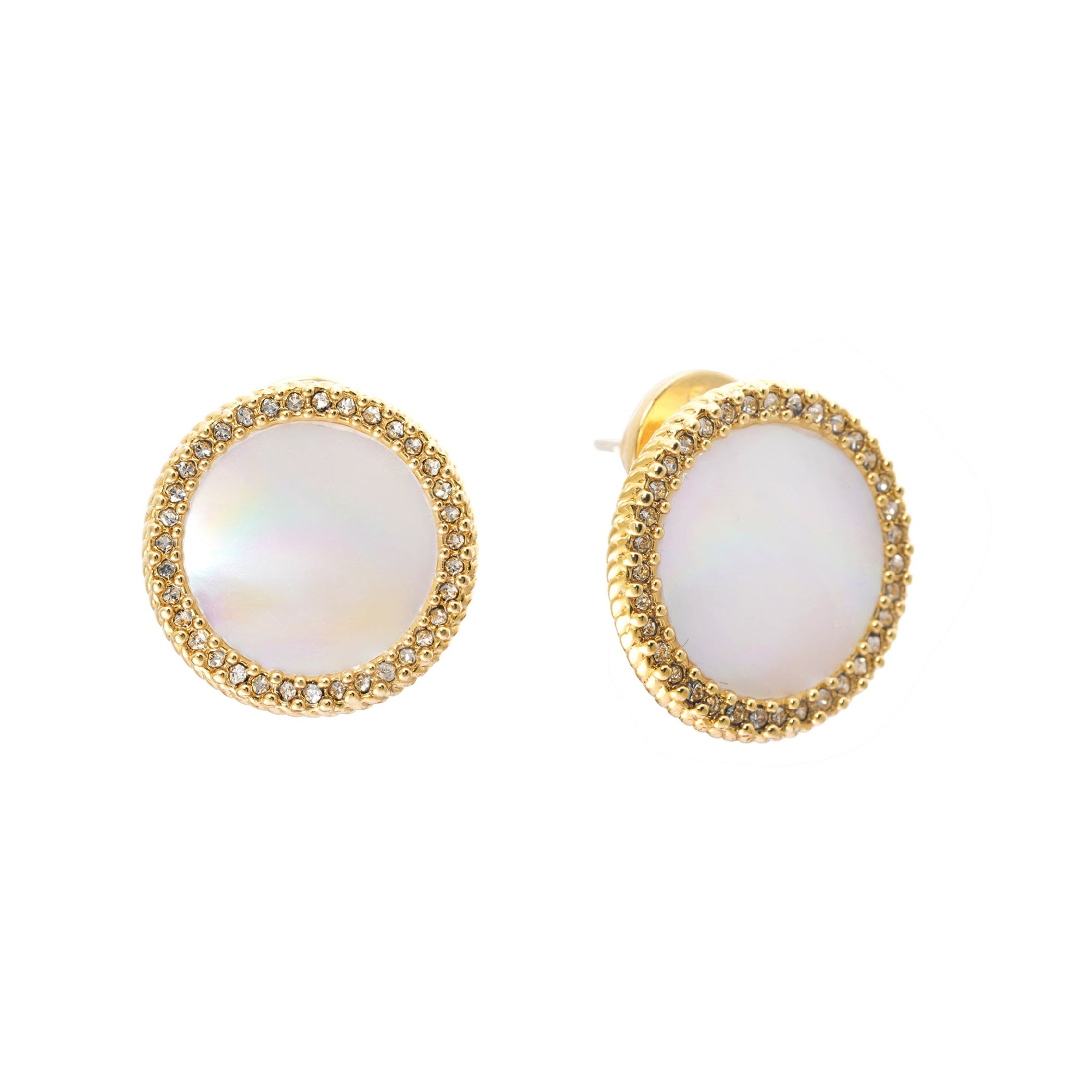 Earrings, White Pearl Shell, Austrian Rhinestones, Brass Plated With Russian Gold