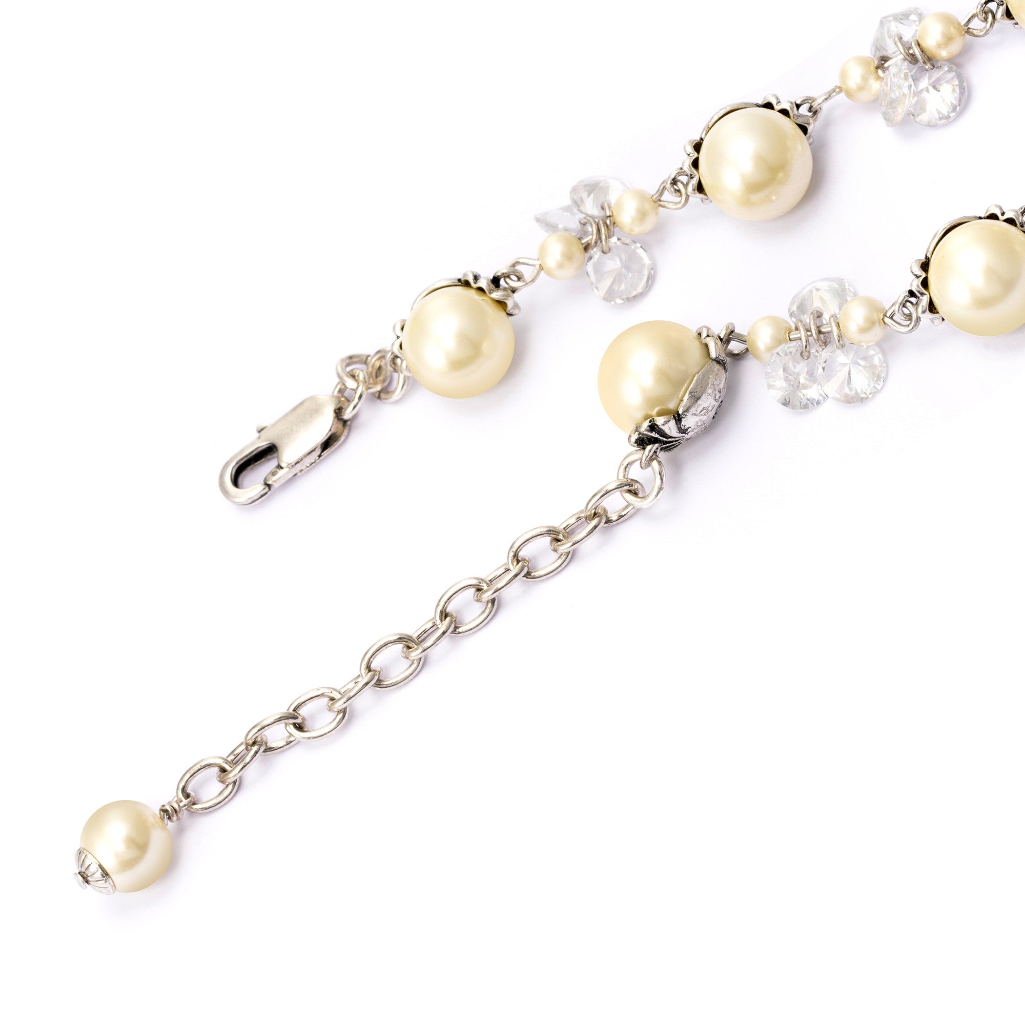 Necklace brass crystal pearl Austrian rhinestone plated silver made old