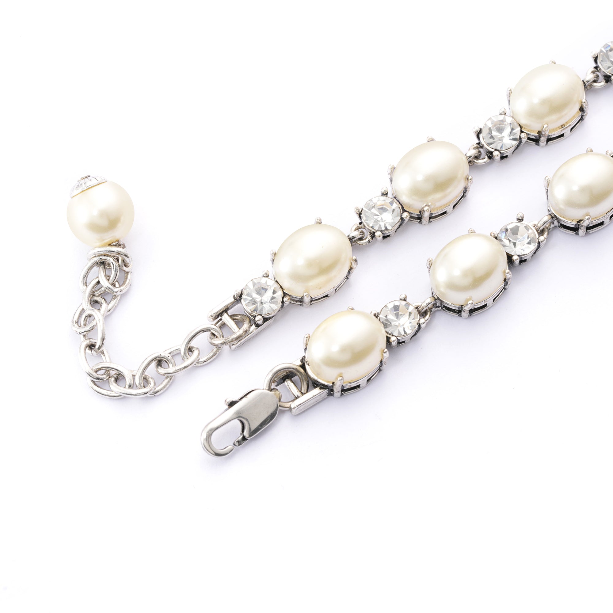 Brass Plated Necklaces,  Imported Crystal Pearls Imported Austrian Rhinestones, Plated Silver