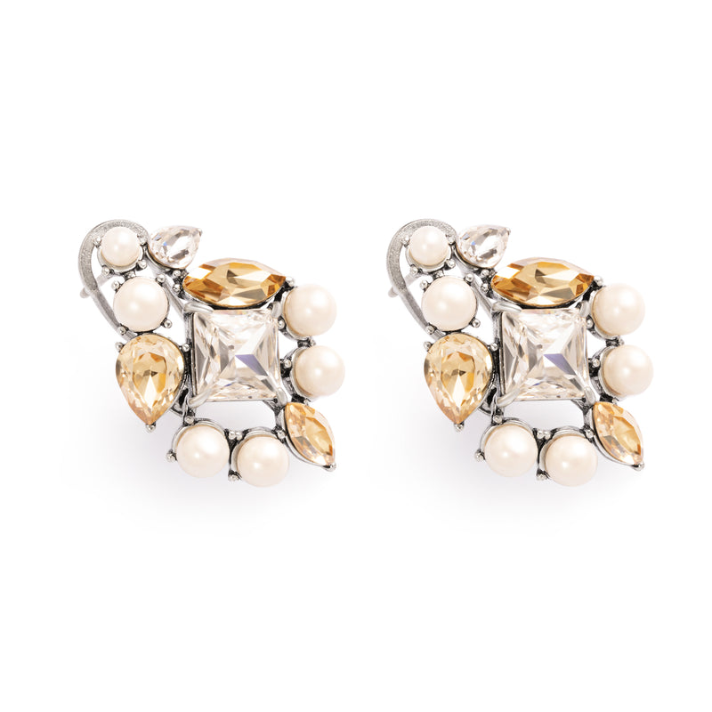 Brass Earrings, Imported Crystal Pearls,  Imported Austrian Crystal, Electroplated Silver