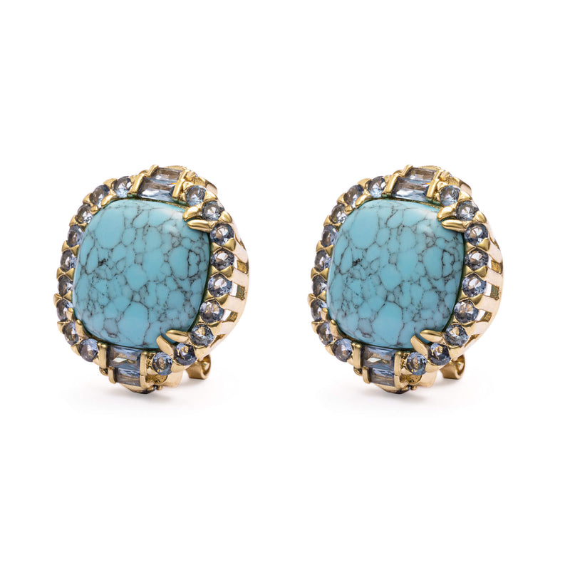 Earrings, Brass With Russian Gold Plating, Austrian Rhinestone, Black-Veined Turquoise