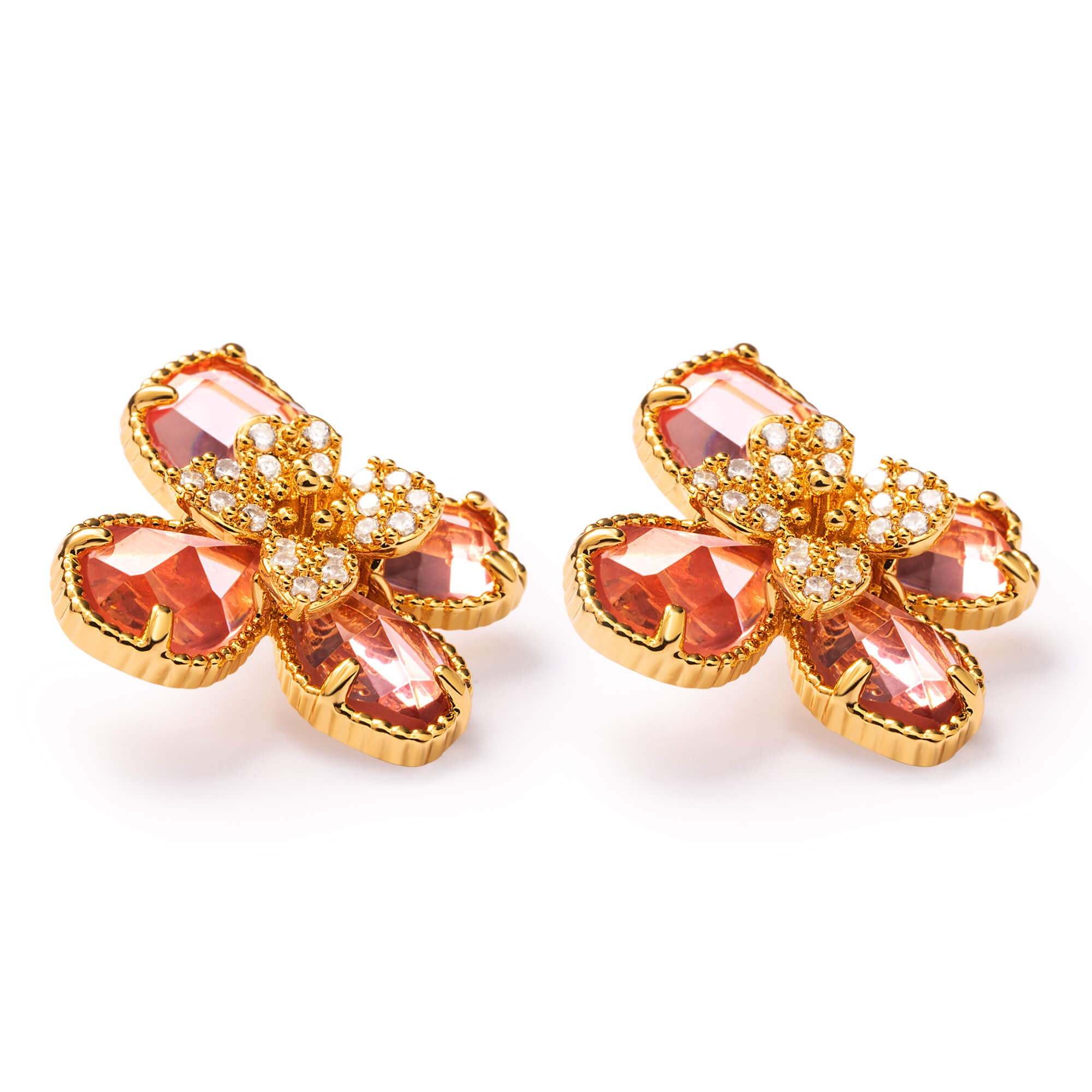 Pink Crystal Earrings, Brass Plated Russian Gold, Austrian Rhinestone & Crystal