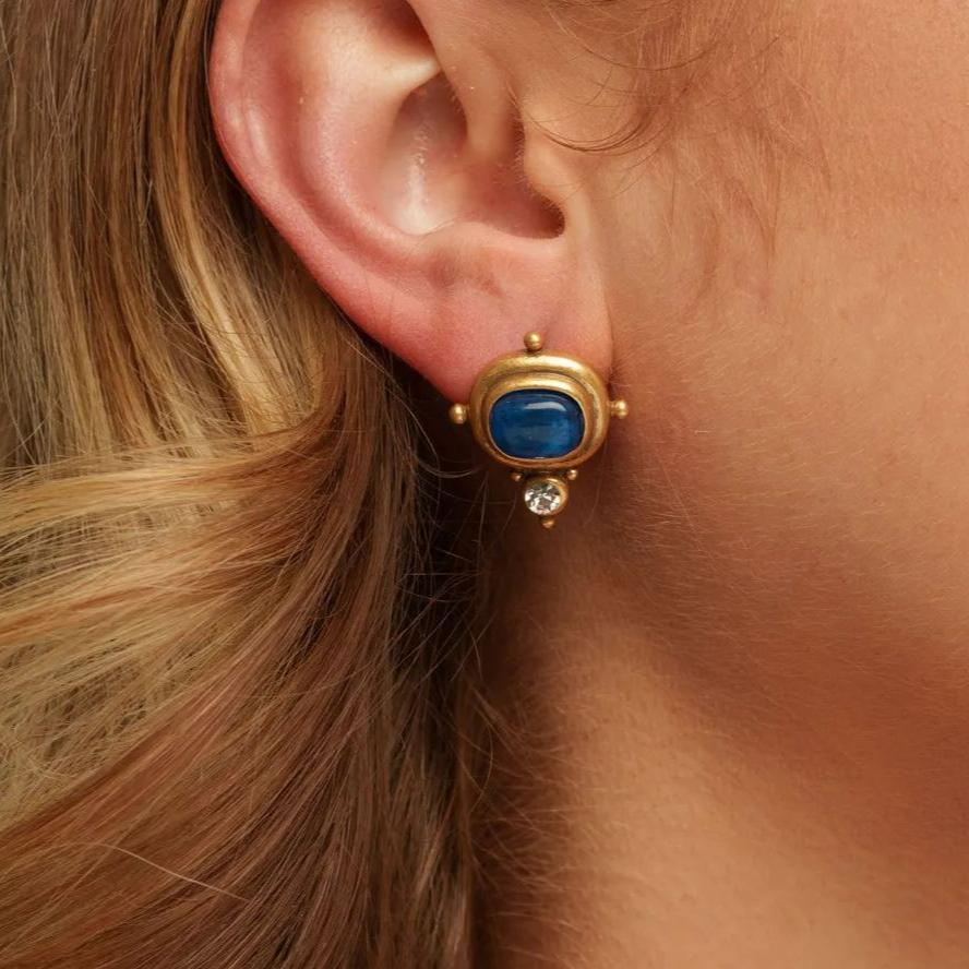 Earrings, Austrian Rhinestones, Blue Sandstone, Alloy Plated With Russian Genuine Gold