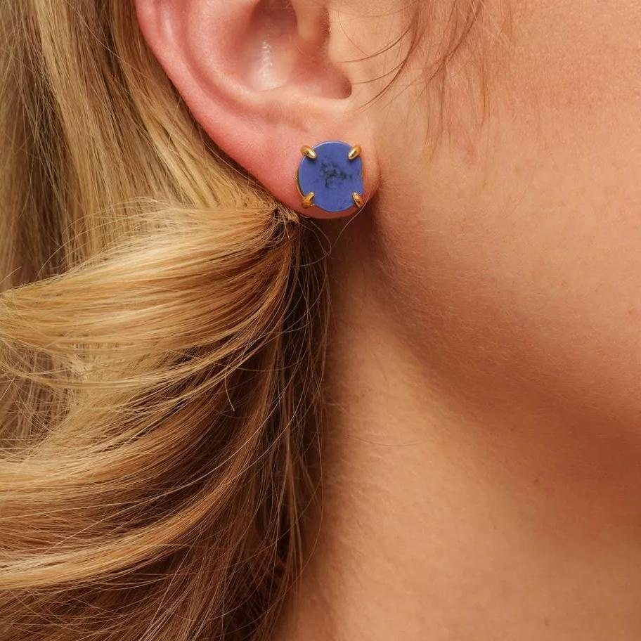 Earrings, Lapis Lazuli, Brass Plated With Genuine Gold