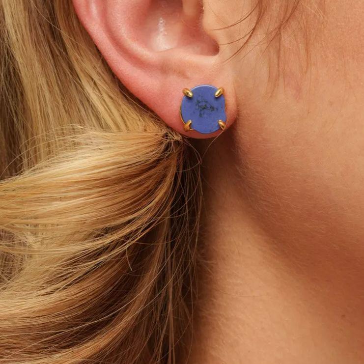 Earrings, Lapis Lazuli, Brass Plated With Genuine Gold