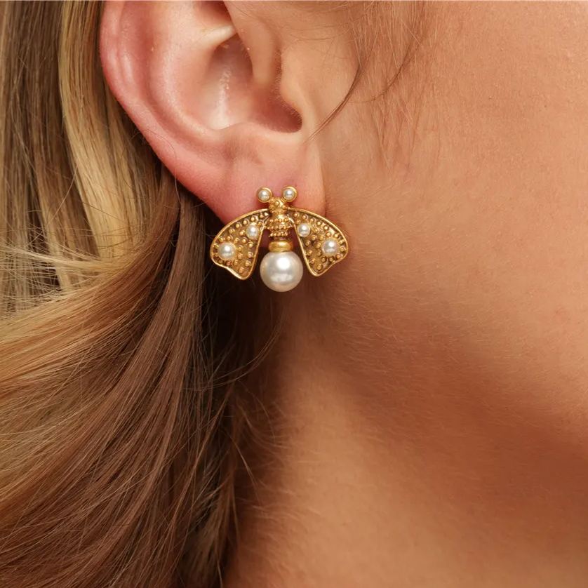 Bee-Shaped Earrings, Crystal Pearl, Alloy Plated With Russian Gold