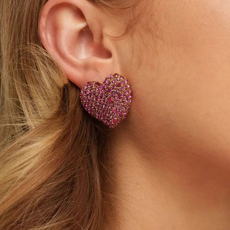 Red Heart-Shaped Earrings, Austrian Rhinestone, Alloy Plated With Russian Gold
